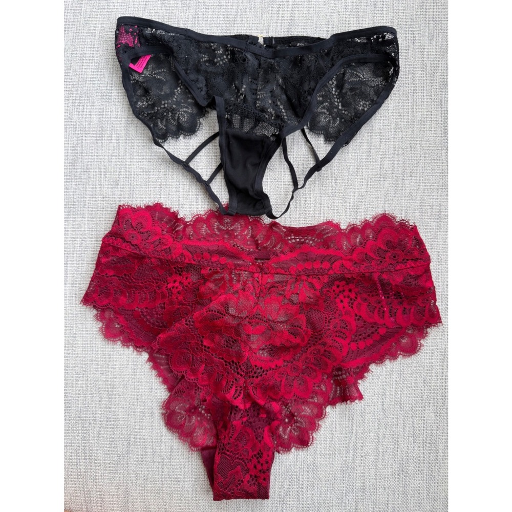 La Senza Lace Panty Bundle XS Black Burgundy Strappy Lace Up Eyelash Trim 2 Pack